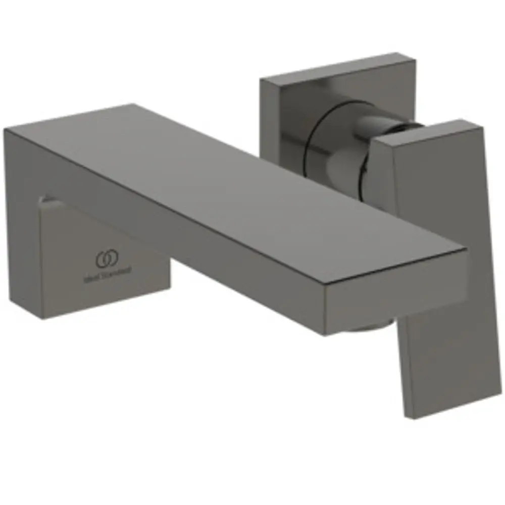 Waschbeckenarmatur in magnetischem Grau von Ideal Standard mit rechteckigem Auslauf und einem kompakten, modernen Design, geeignet für Wandmontage.